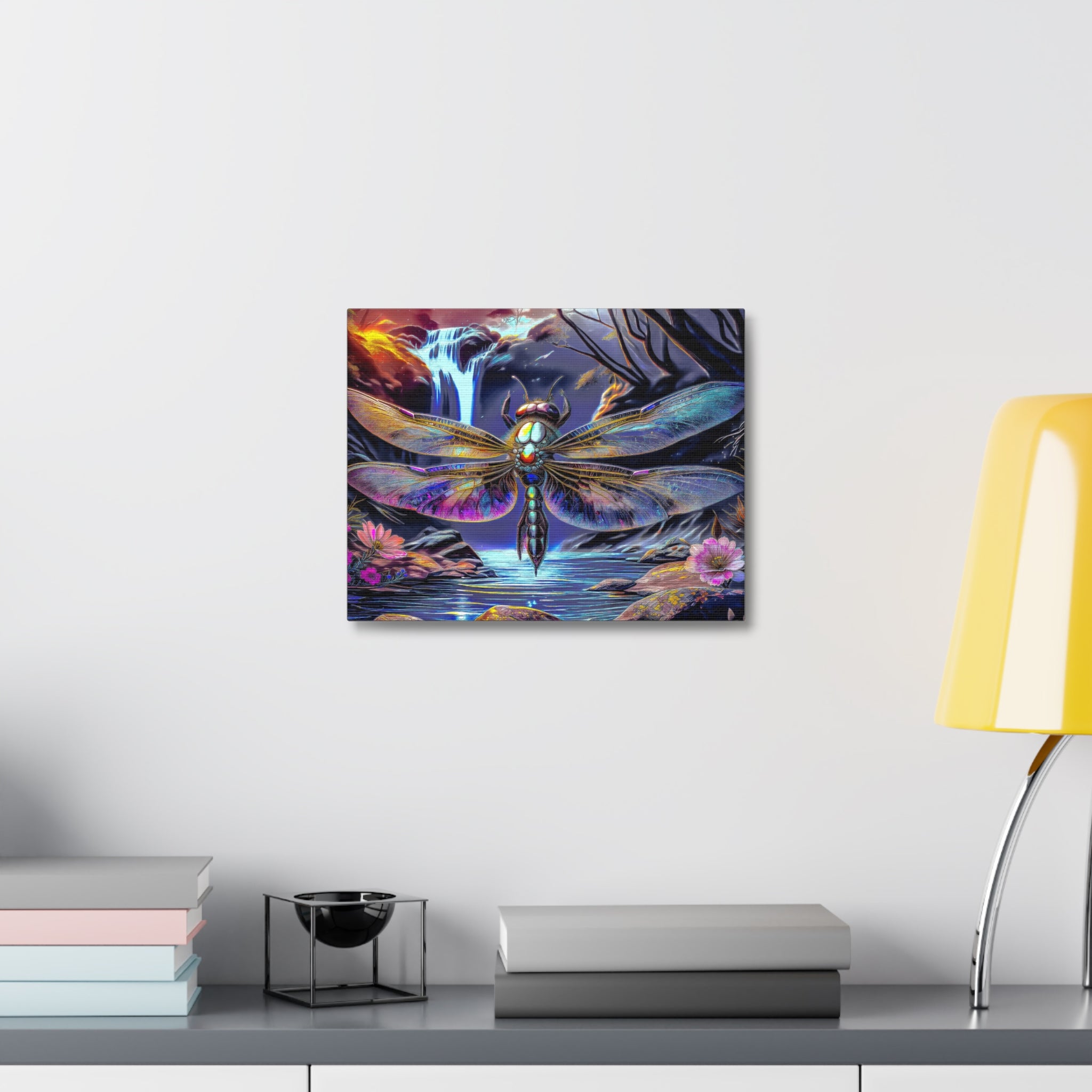 Dragonfly Fantasy Stretched Canvas Wall Art — Colorful Waterfall Nature Scene