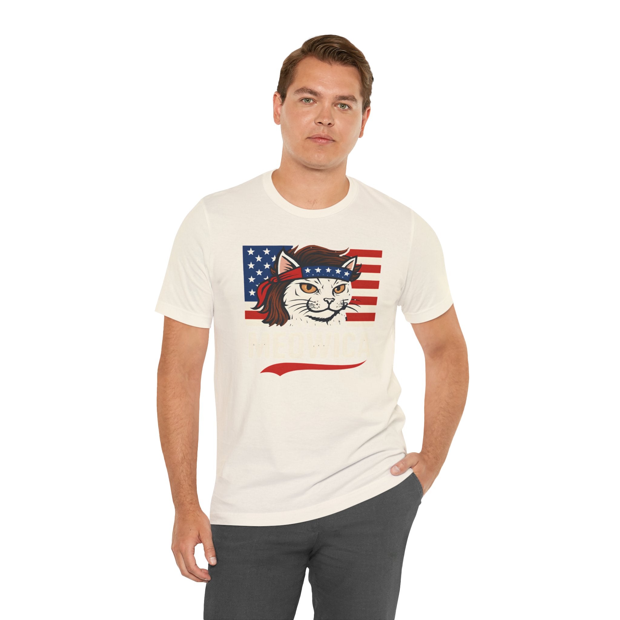 T-Shirt — "Meowica" Patriotic Cat Tee (American Flag, Funny 4th of July Shirt)