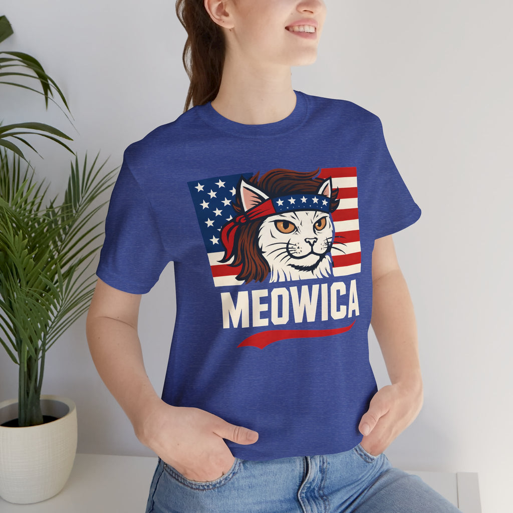 T-Shirt — "Meowica" Patriotic Cat Tee (American Flag, Funny 4th of July Shirt)