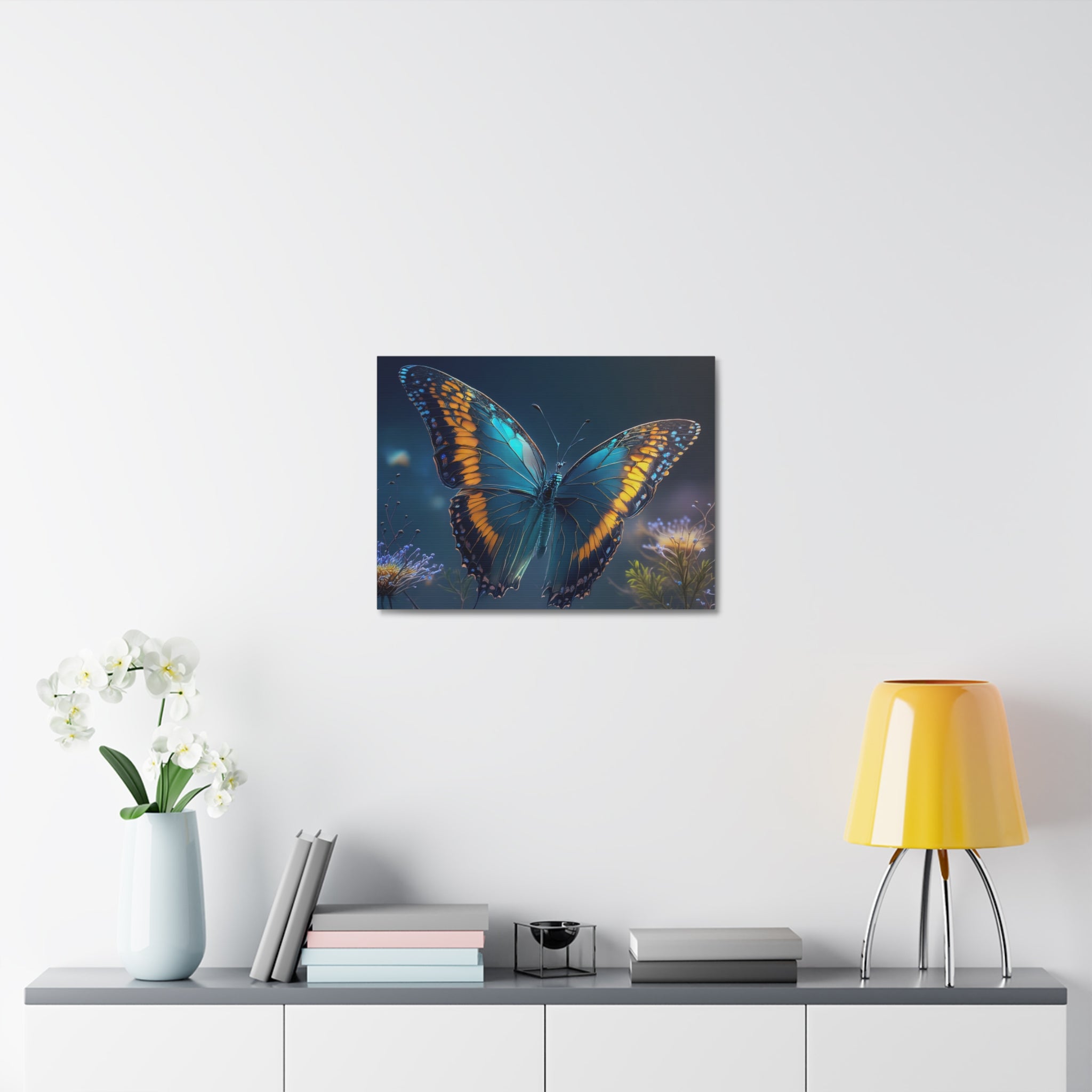 Blue & Gold Butterfly Stretched Canvas Wall Art — Dreamy Nature Print