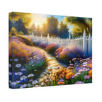 Sunlit Garden Path Stretched Canvas – Colorful Floral Landscape Wall Art