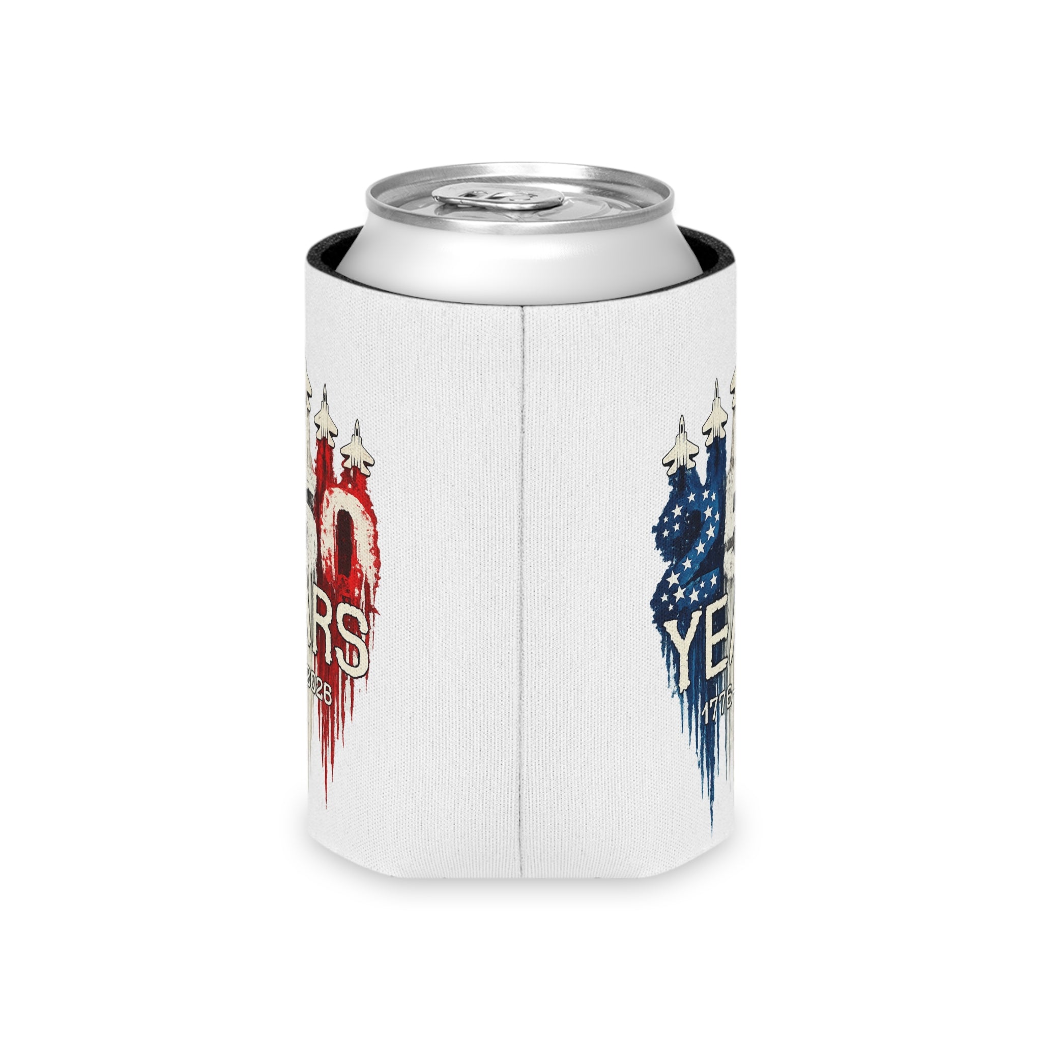 50 Years 1776–2026 Patriotic Can Cooler — American Flag Jet Anniversary