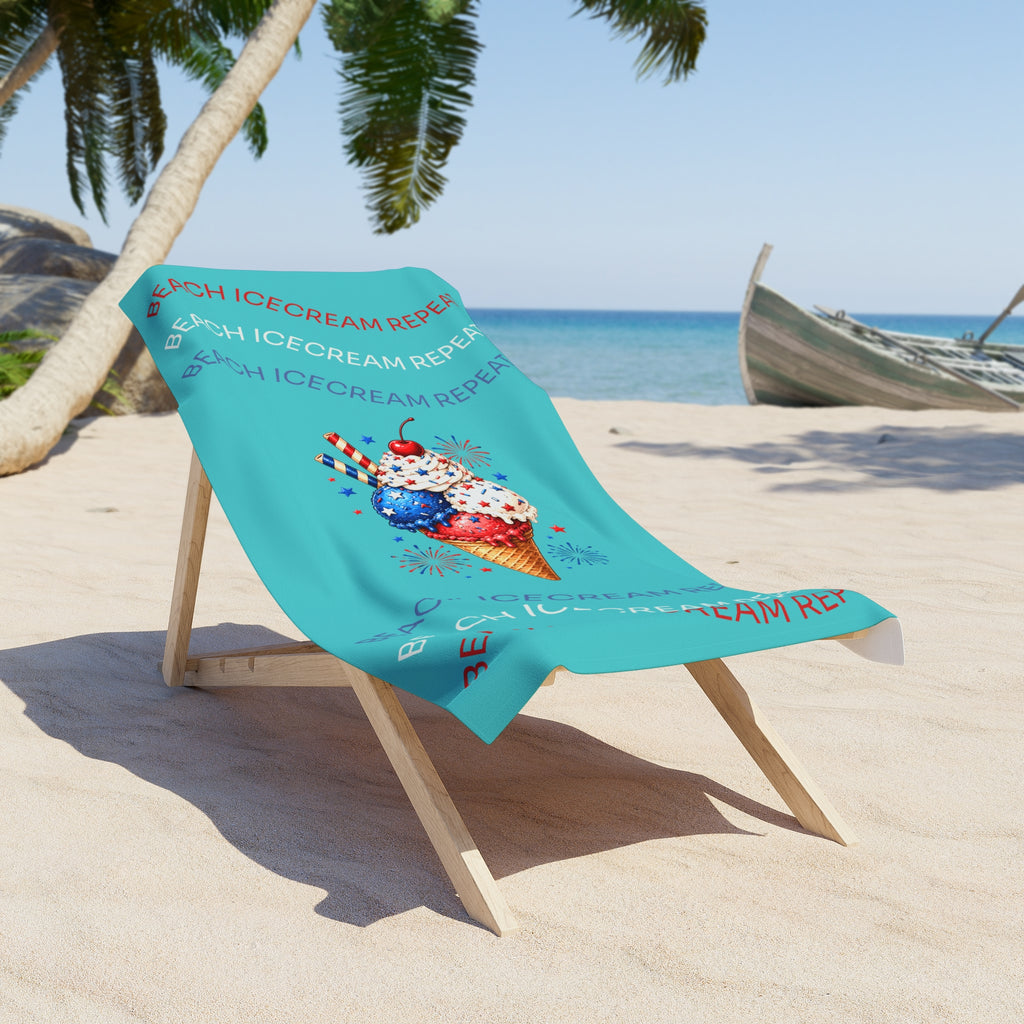 Patriotic Ice Cream Beach Towel — 'Beach Icecream Repeat' Summer Pool & Fourth of July Towel