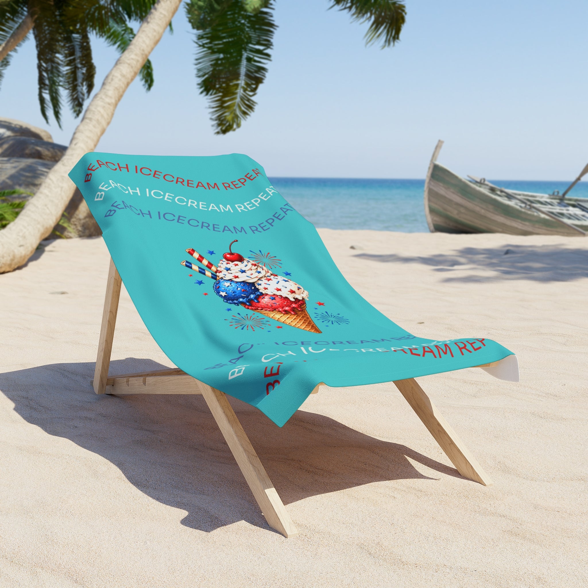 Patriotic Ice Cream Beach Towel — 'Beach Icecream Repeat' Summer Pool & Fourth of July Towel