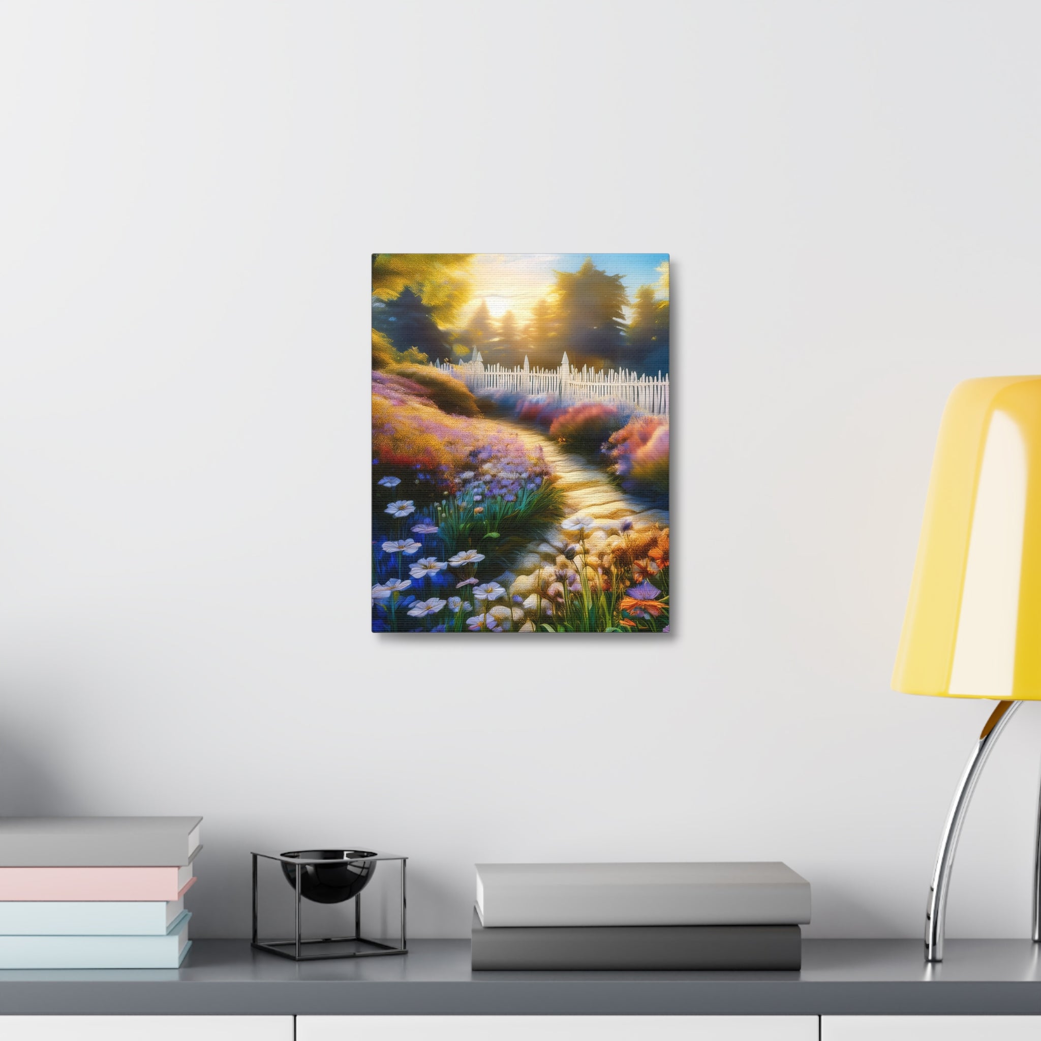 Sunlit Garden Path Stretched Canvas – Colorful Floral Landscape Wall Art