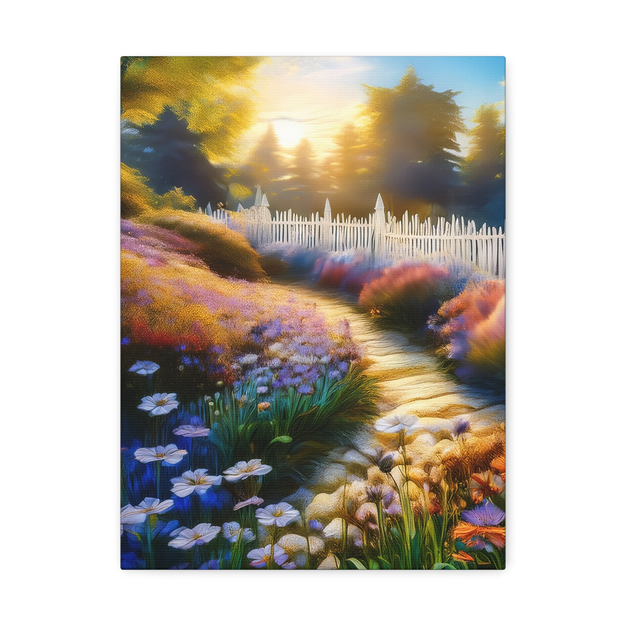 Sunlit Garden Path Stretched Canvas – Colorful Floral Landscape Wall Art