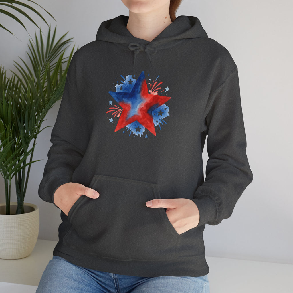 Patriotic Red & Blue Star Hoodie — 4th of July Firework Sweatshirt
