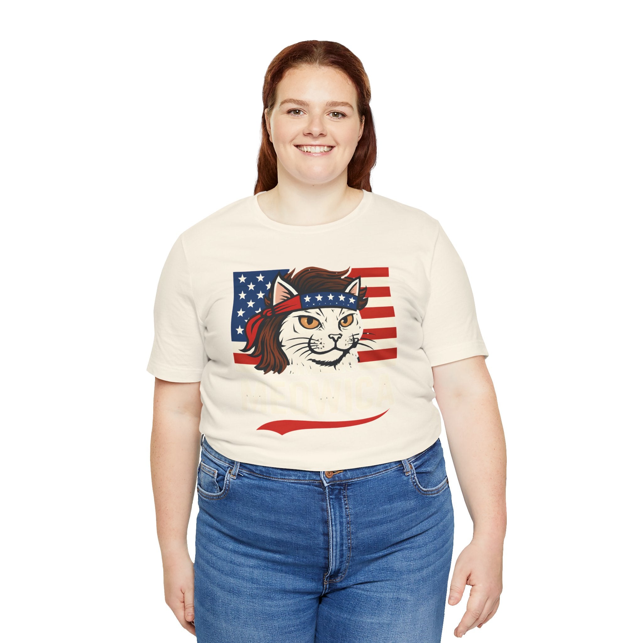 T-Shirt — "Meowica" Patriotic Cat Tee (American Flag, Funny 4th of July Shirt)