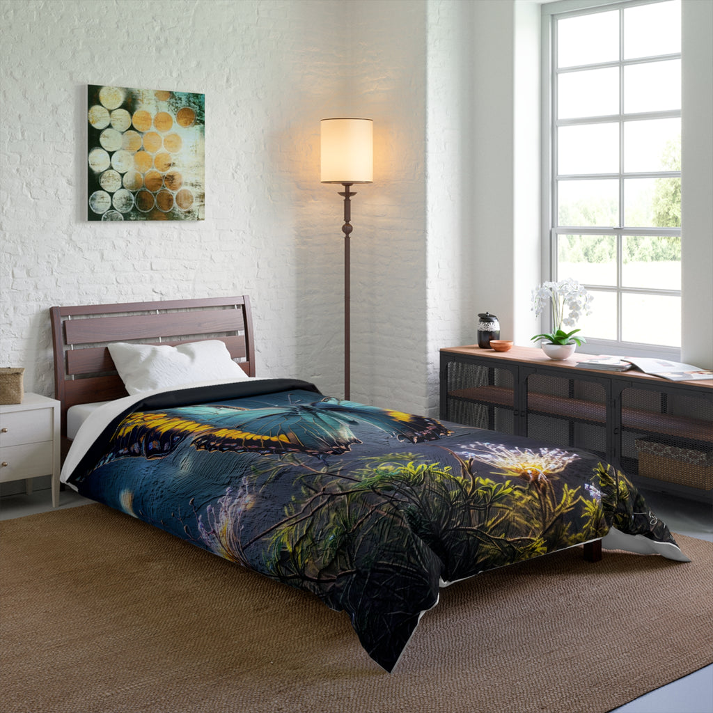 Blue Butterfly Comforter - Floral Nature Bedding, Dreamy Garden Bedroom Décor