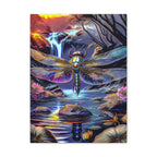 Dragonfly Fantasy Stretched Canvas Wall Art — Colorful Waterfall Nature Scene