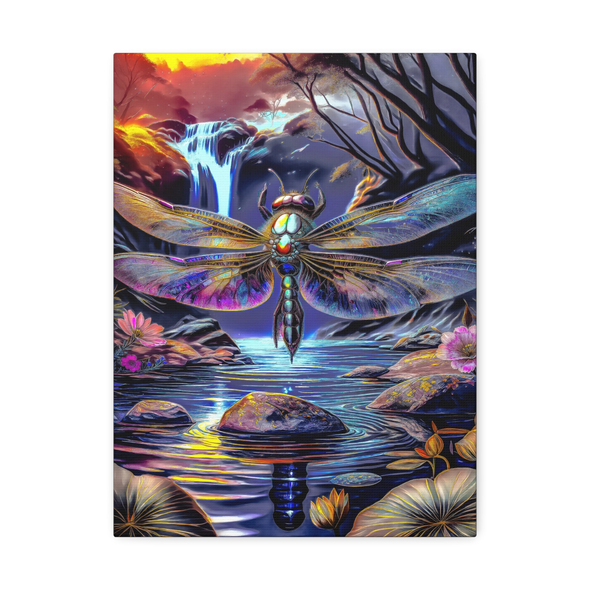 Dragonfly Fantasy Stretched Canvas Wall Art — Colorful Waterfall Nature Scene