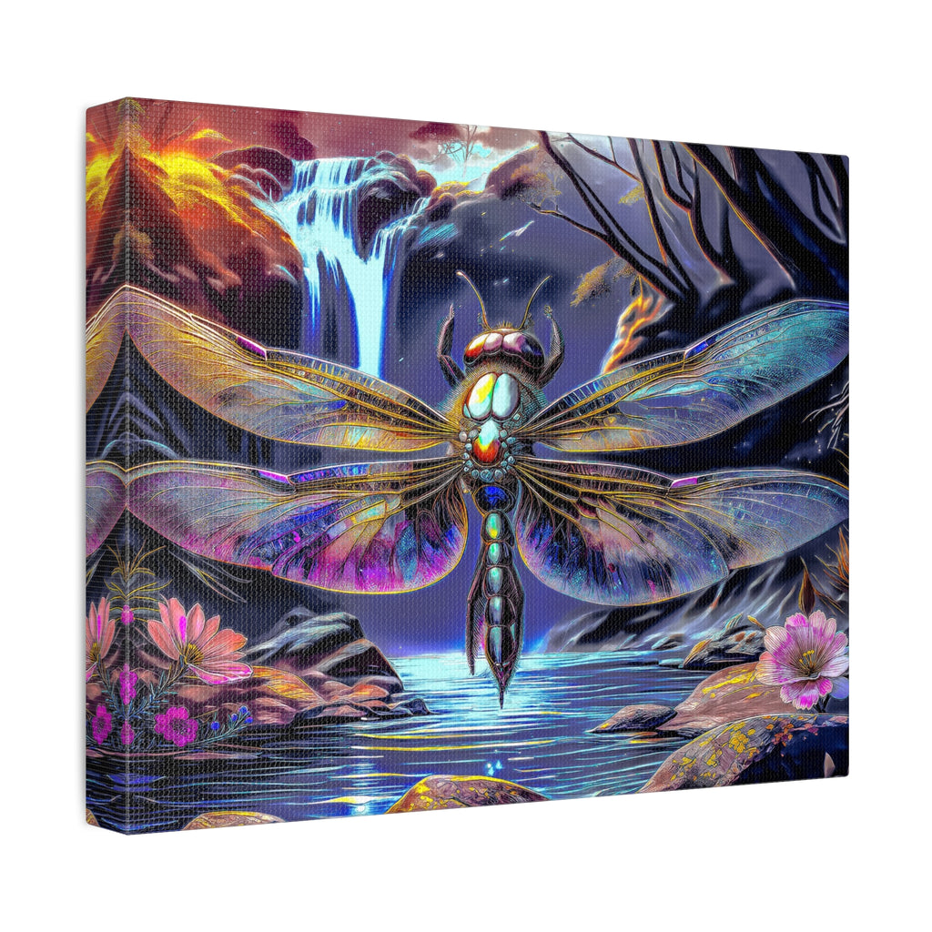 Dragonfly Fantasy Stretched Canvas Wall Art — Colorful Waterfall Nature Scene