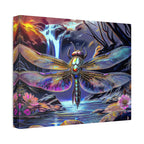 Dragonfly Fantasy Stretched Canvas Wall Art — Colorful Waterfall Nature Scene