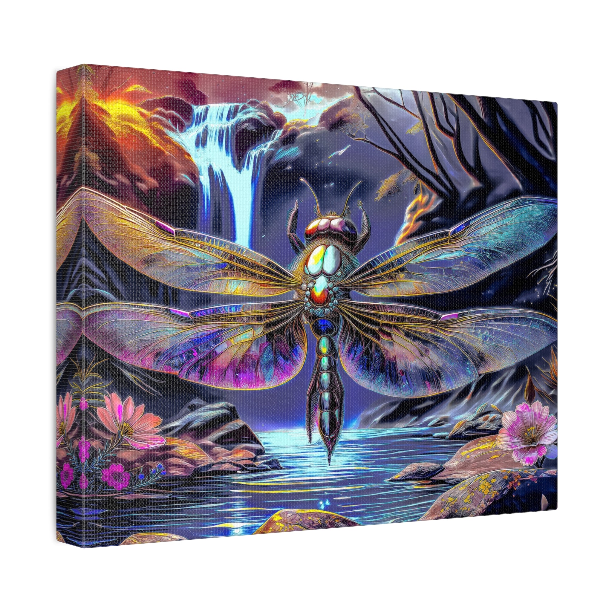 Dragonfly Fantasy Stretched Canvas Wall Art — Colorful Waterfall Nature Scene