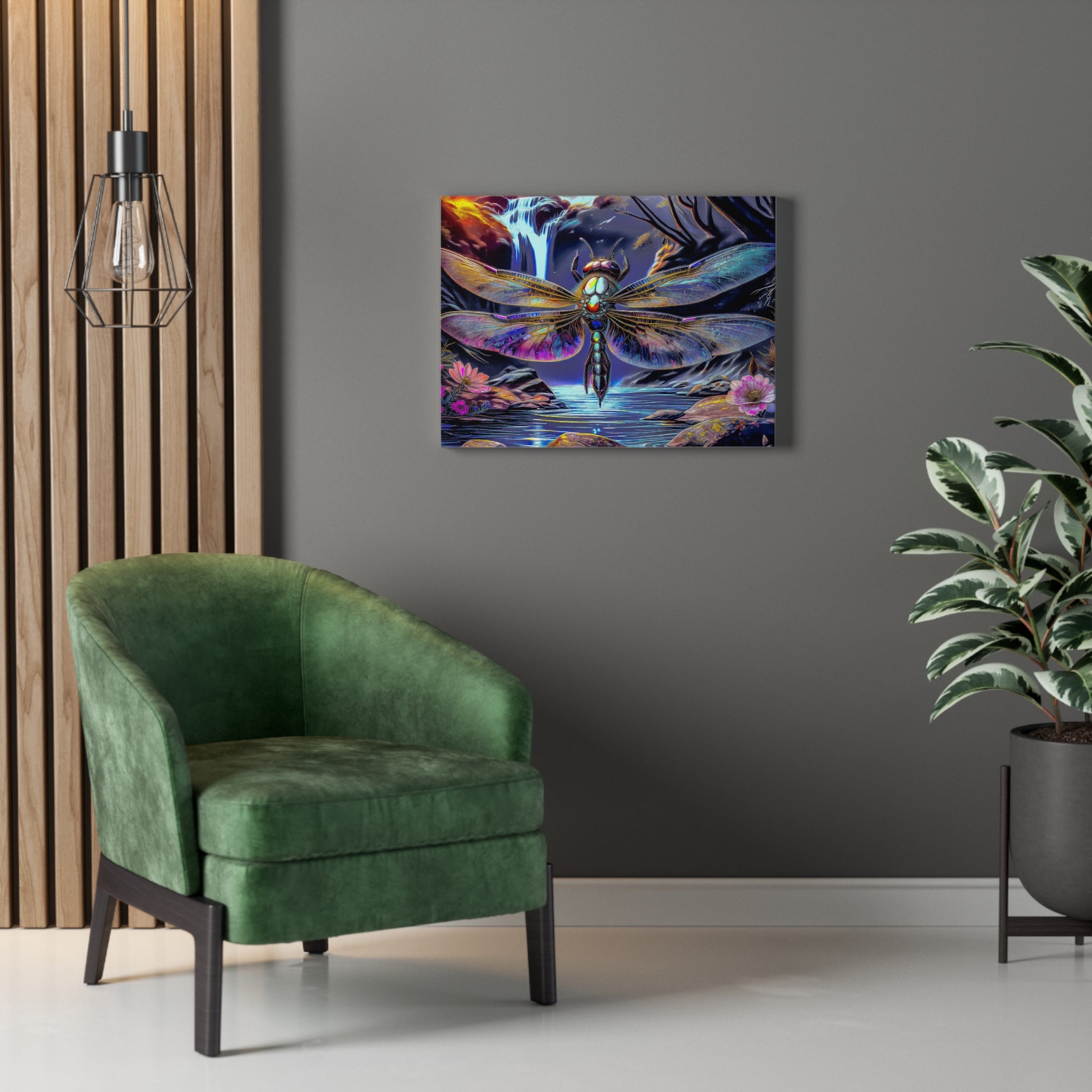 Dragonfly Fantasy Stretched Canvas Wall Art — Colorful Waterfall Nature Scene