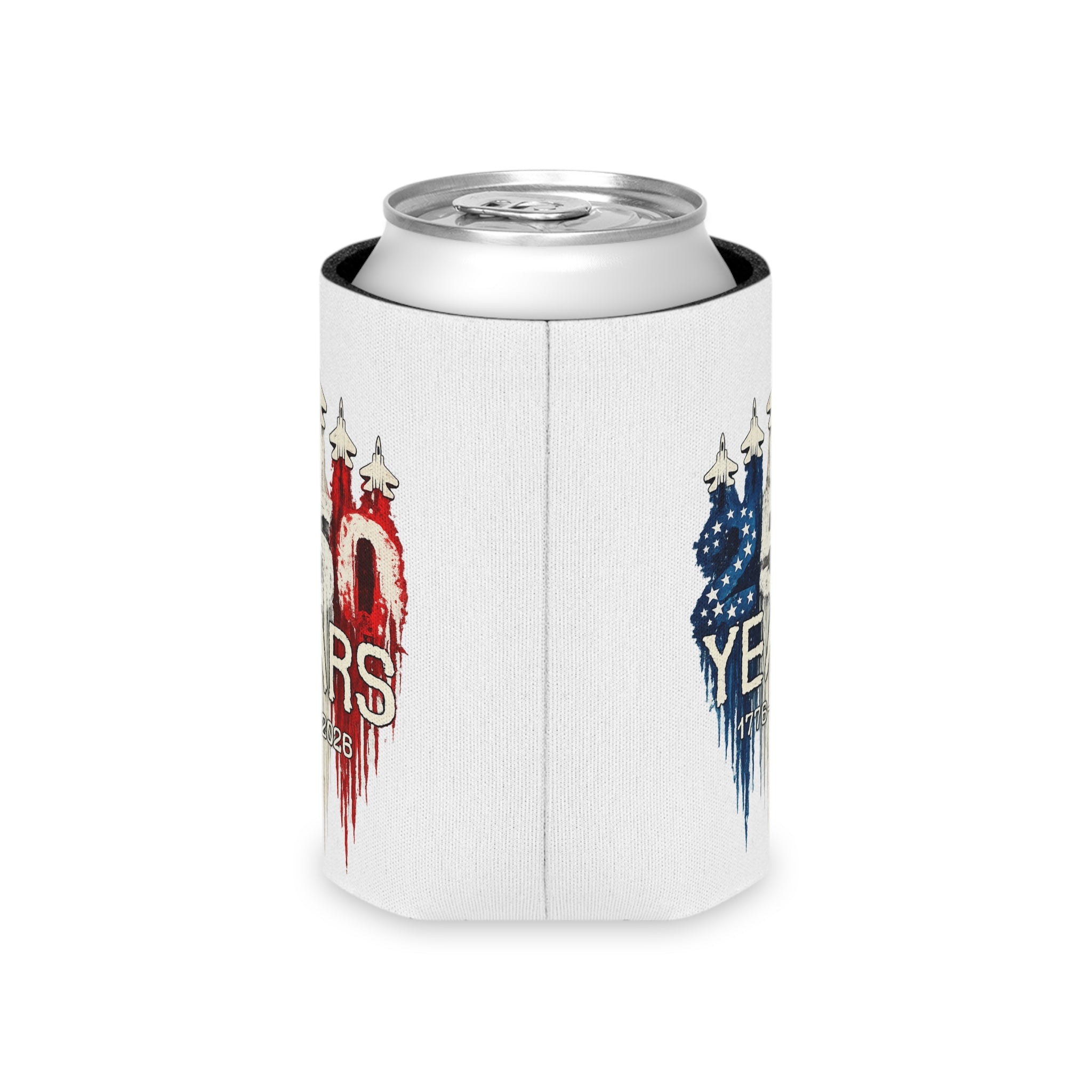 50 Years 1776–2026 Patriotic Can Cooler — American Flag Jet Anniversary