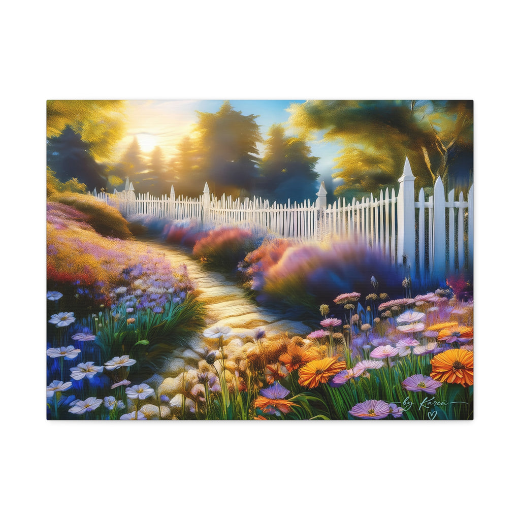 Sunlit Garden Path Stretched Canvas – Colorful Floral Landscape Wall Art