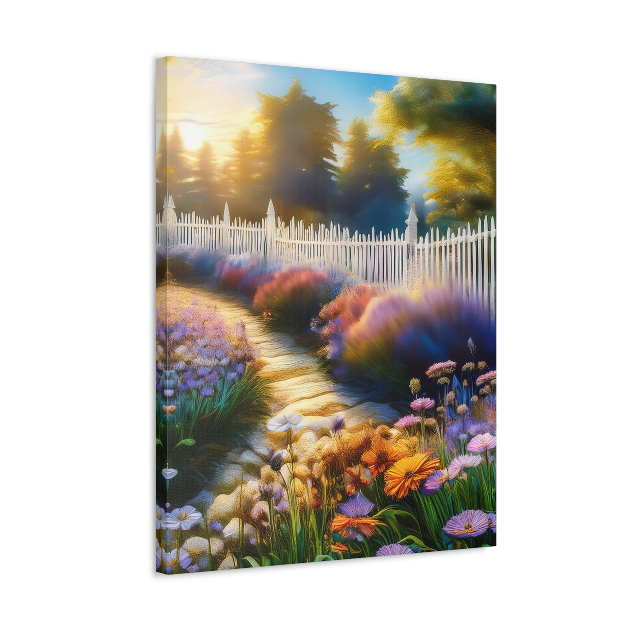 Sunlit Garden Path Stretched Canvas – Colorful Floral Landscape Wall Art