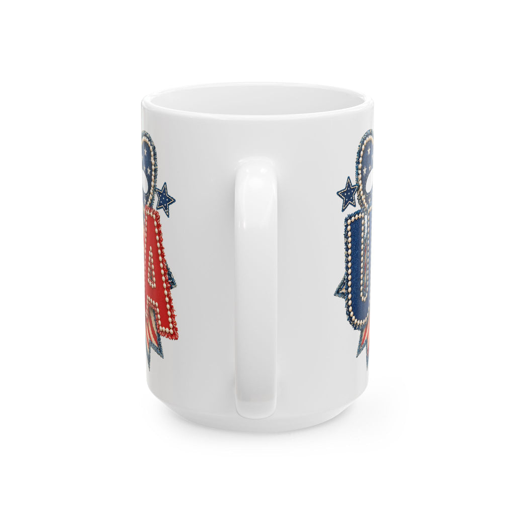 USA Patriotic Ceramic Mug with Bold Red White Blue Design
