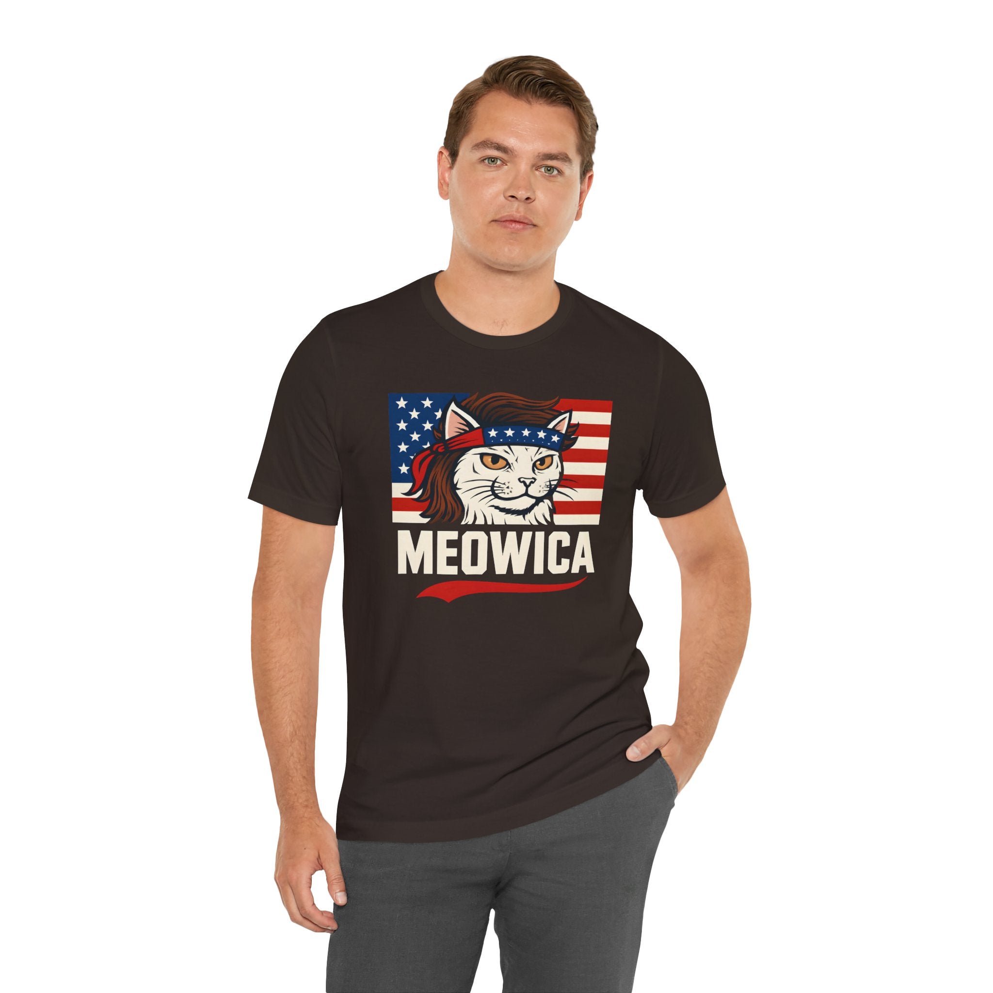 T-Shirt — "Meowica" Patriotic Cat Tee (American Flag, Funny 4th of July Shirt)