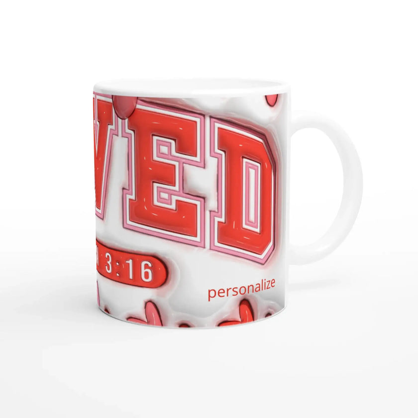 Red and white graphic mug with colorful rim