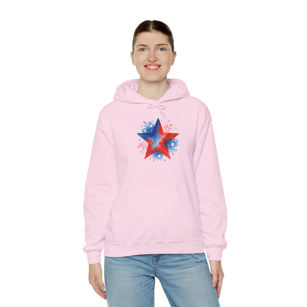 Patriotic Red & Blue Star Hoodie — 4th of July Firework Sweatshirt