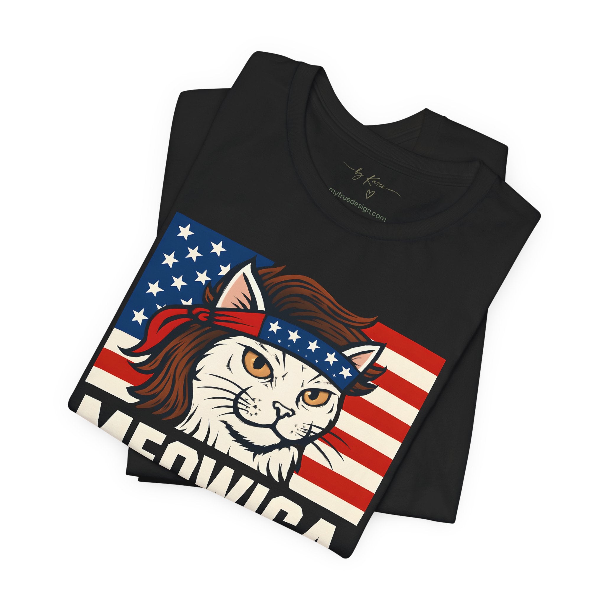 T-Shirt — "Meowica" Patriotic Cat Tee (American Flag, Funny 4th of July Shirt)