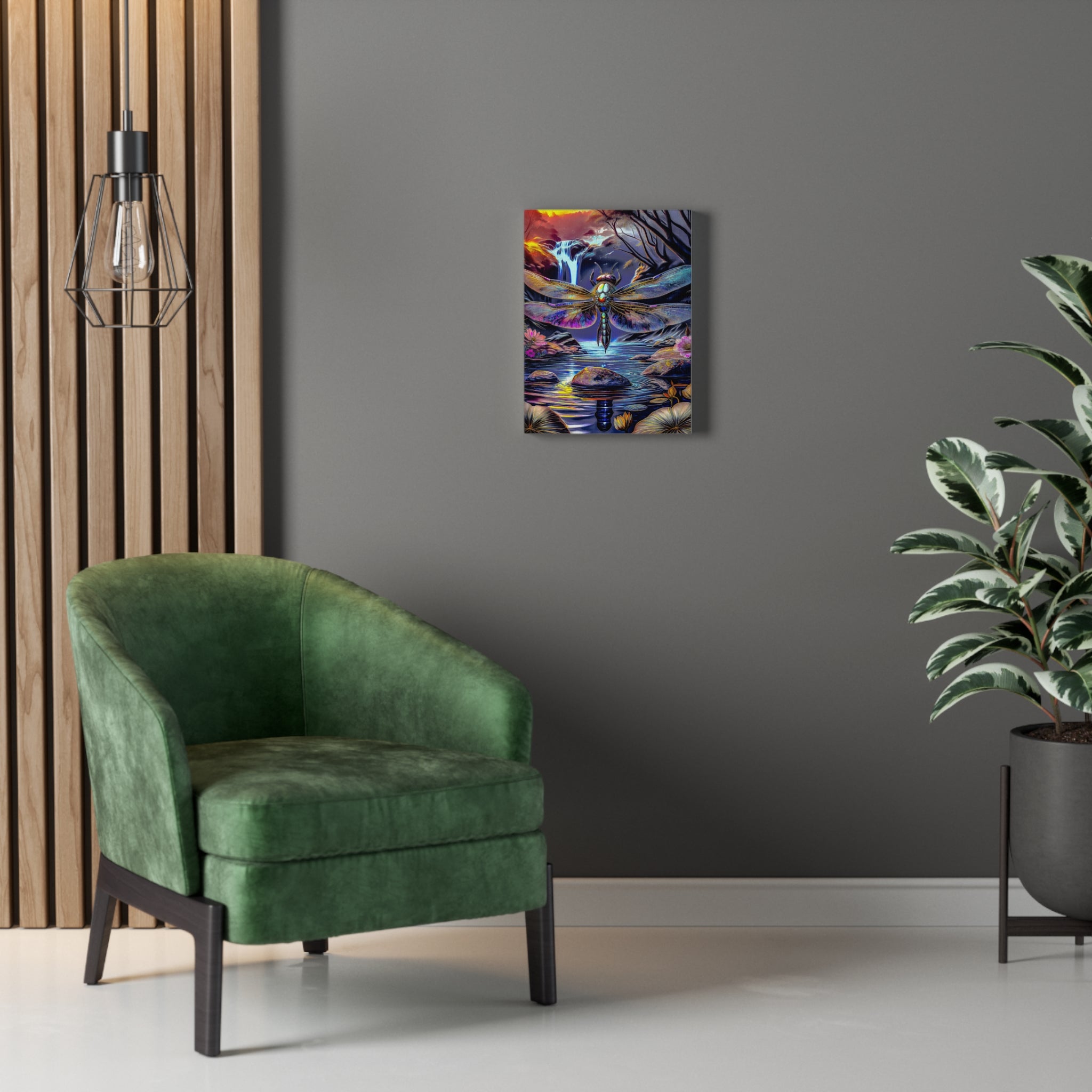 Dragonfly Fantasy Stretched Canvas Wall Art — Colorful Waterfall Nature Scene