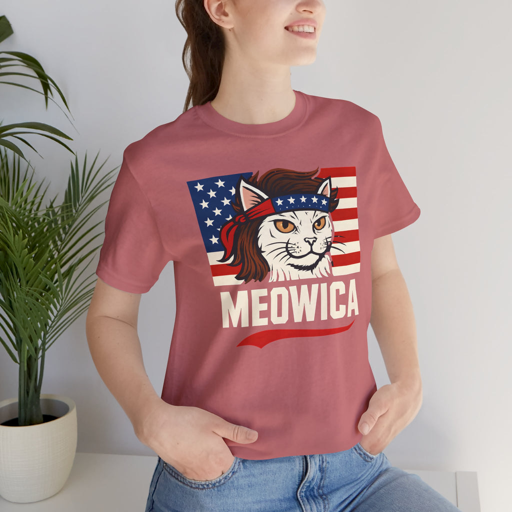 T-Shirt — "Meowica" Patriotic Cat Tee (American Flag, Funny 4th of July Shirt)