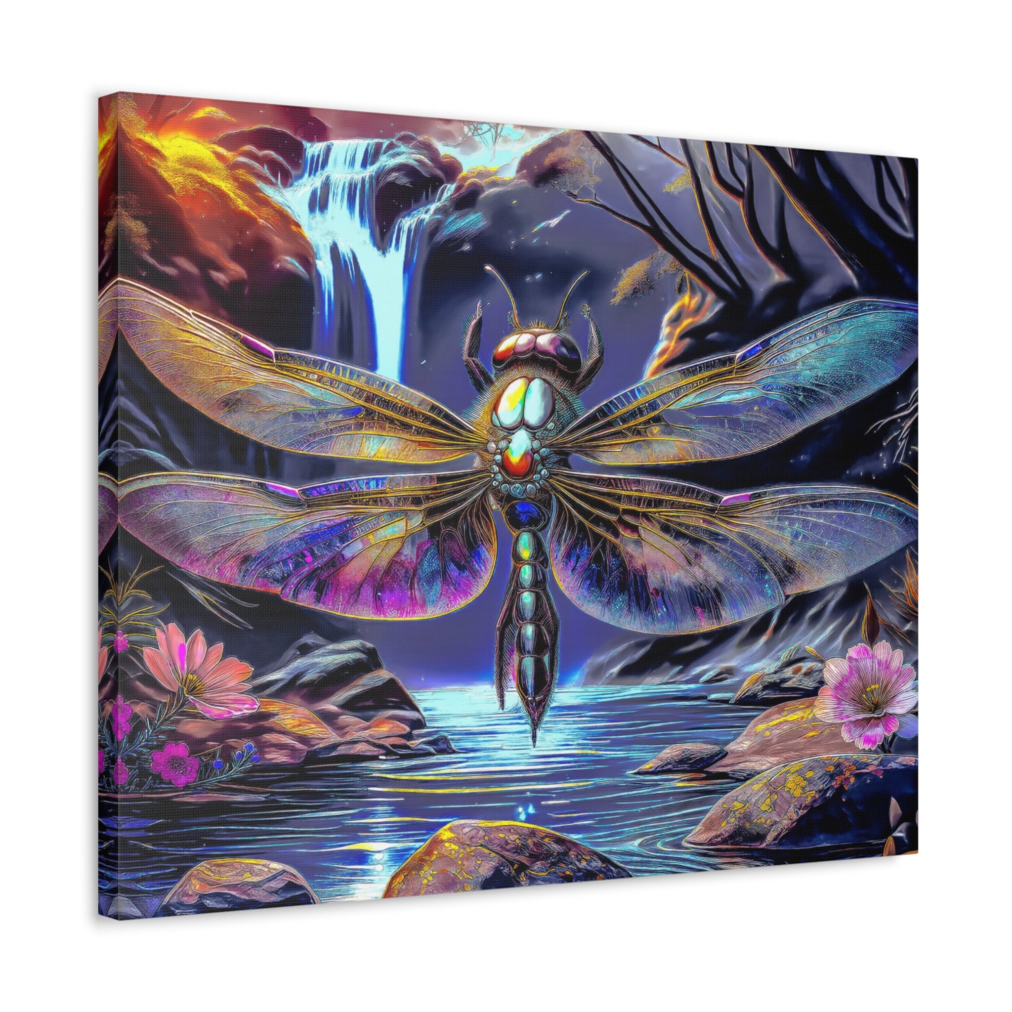 Dragonfly Fantasy Stretched Canvas Wall Art — Colorful Waterfall Nature Scene