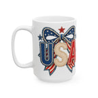 USA Patriotic Ceramic Mug with Bold Red White Blue Design
