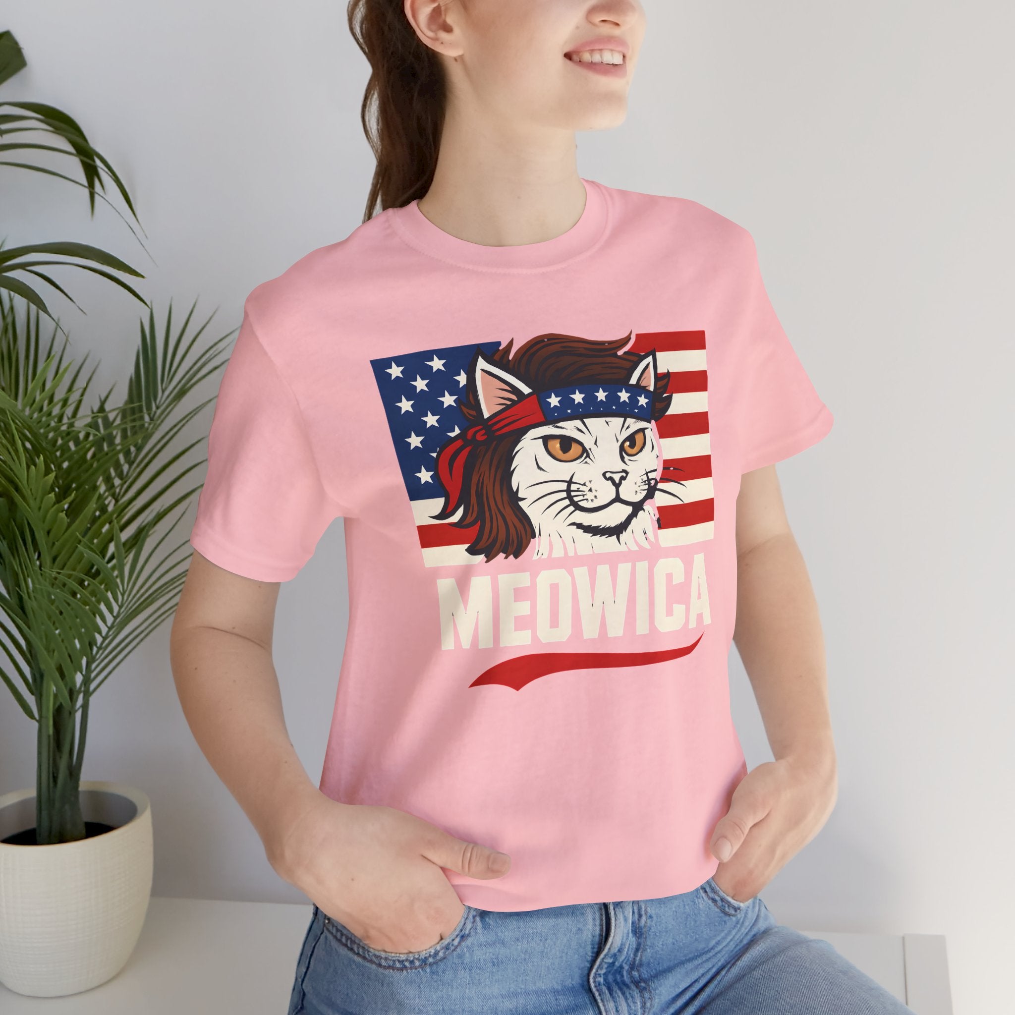 T-Shirt — "Meowica" Patriotic Cat Tee (American Flag, Funny 4th of July Shirt)