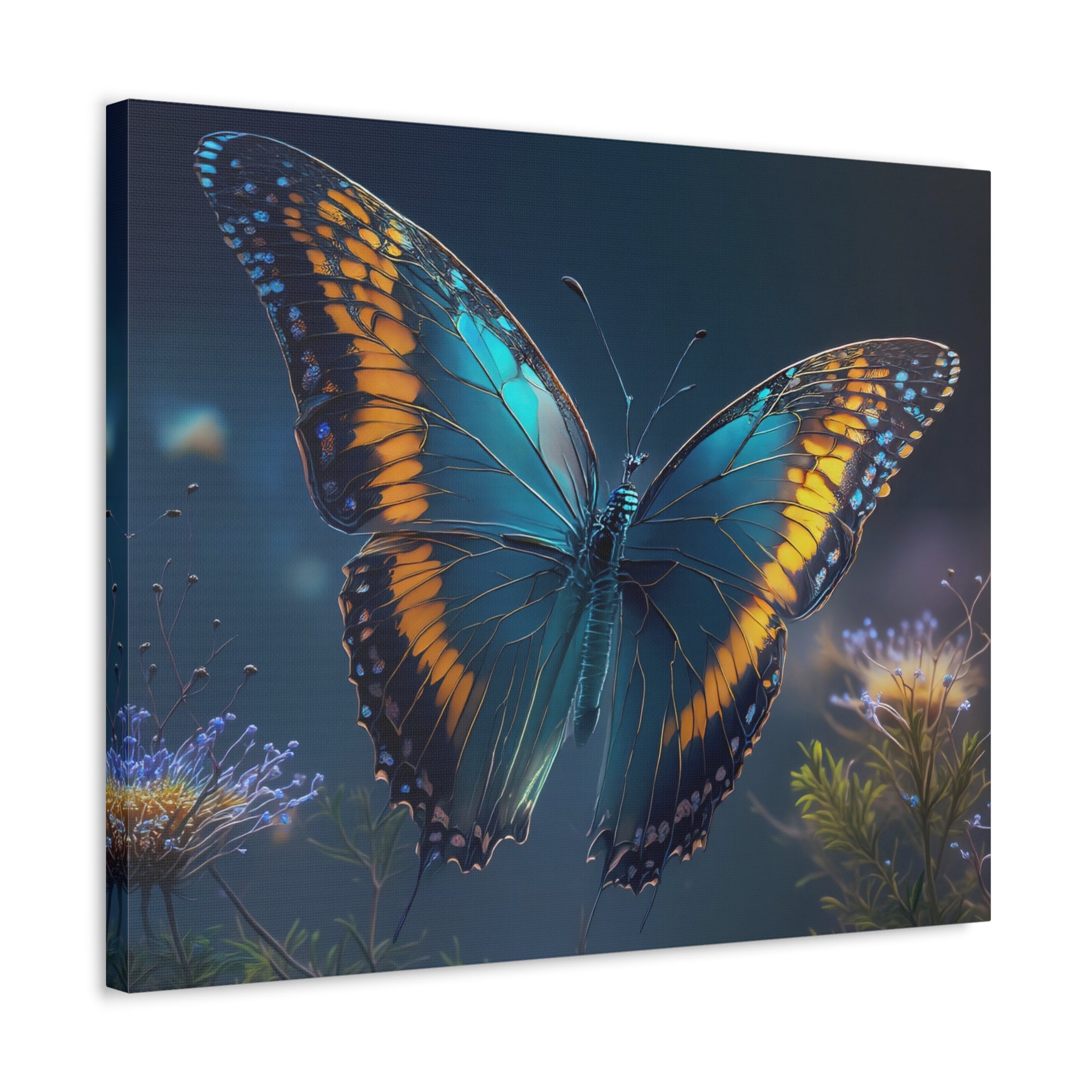 Blue & Gold Butterfly Stretched Canvas Wall Art — Dreamy Nature Print