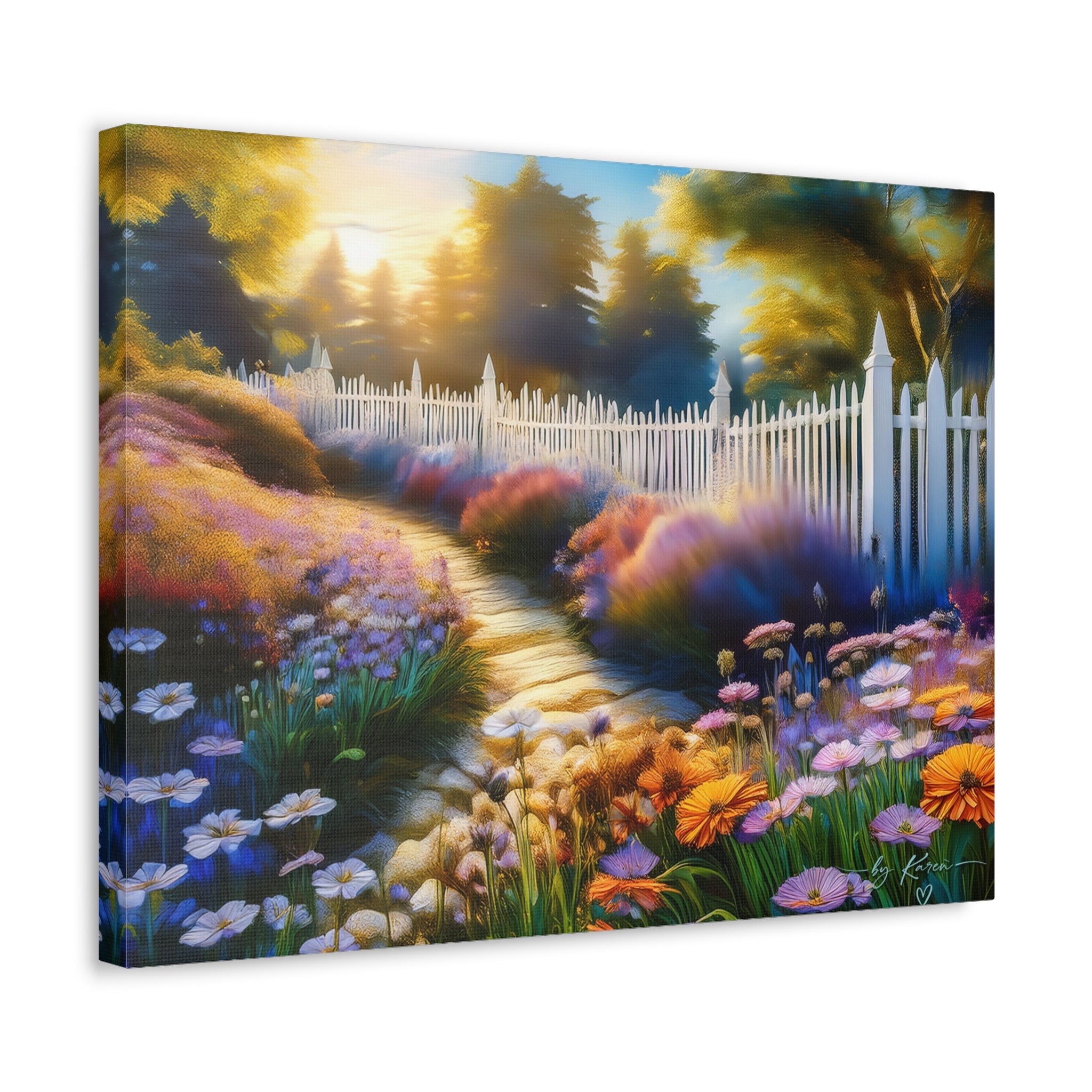 Sunlit Garden Path Stretched Canvas – Colorful Floral Landscape Wall Art