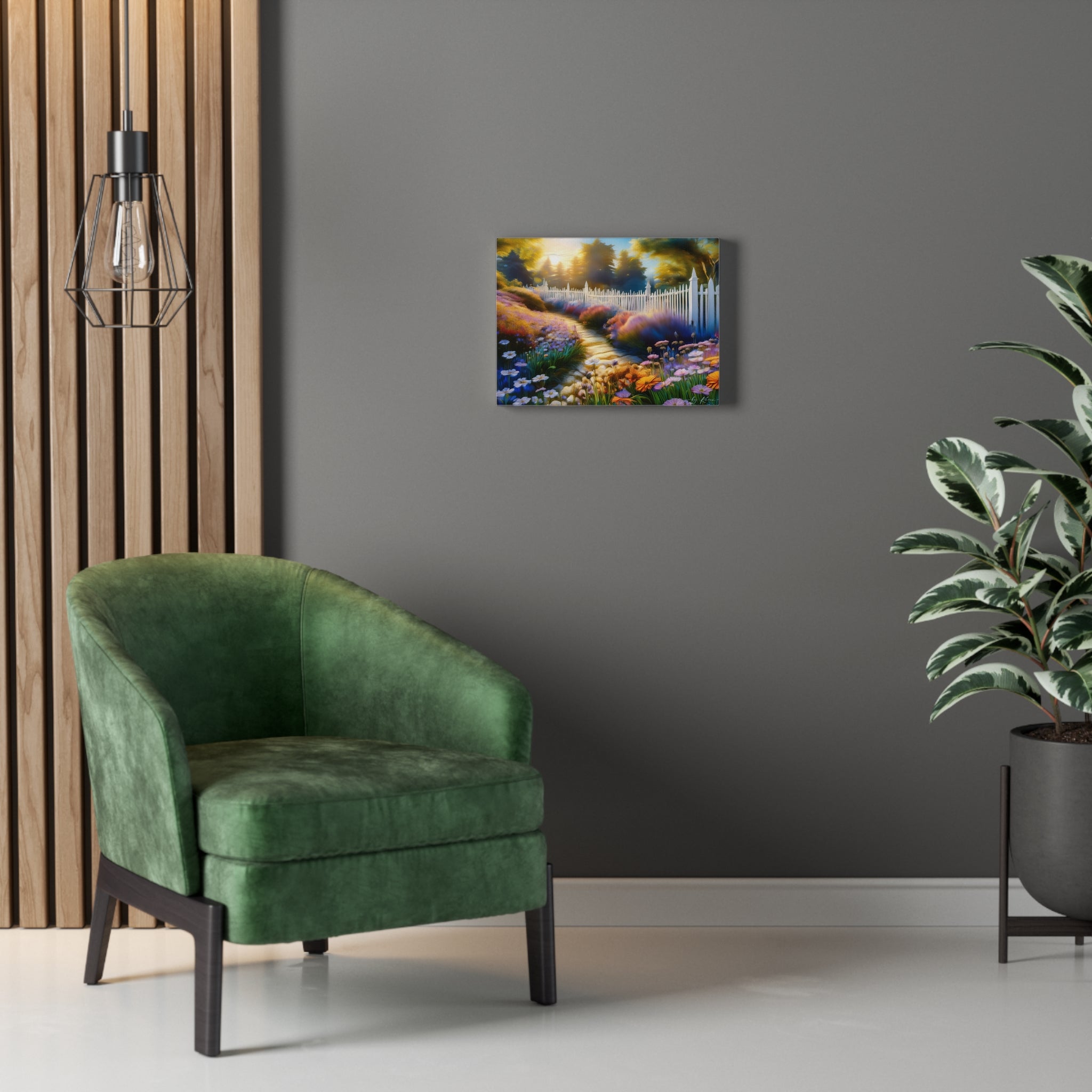 Sunlit Garden Path Stretched Canvas – Colorful Floral Landscape Wall Art