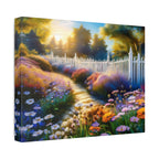 Sunlit Garden Path Stretched Canvas – Colorful Floral Landscape Wall Art