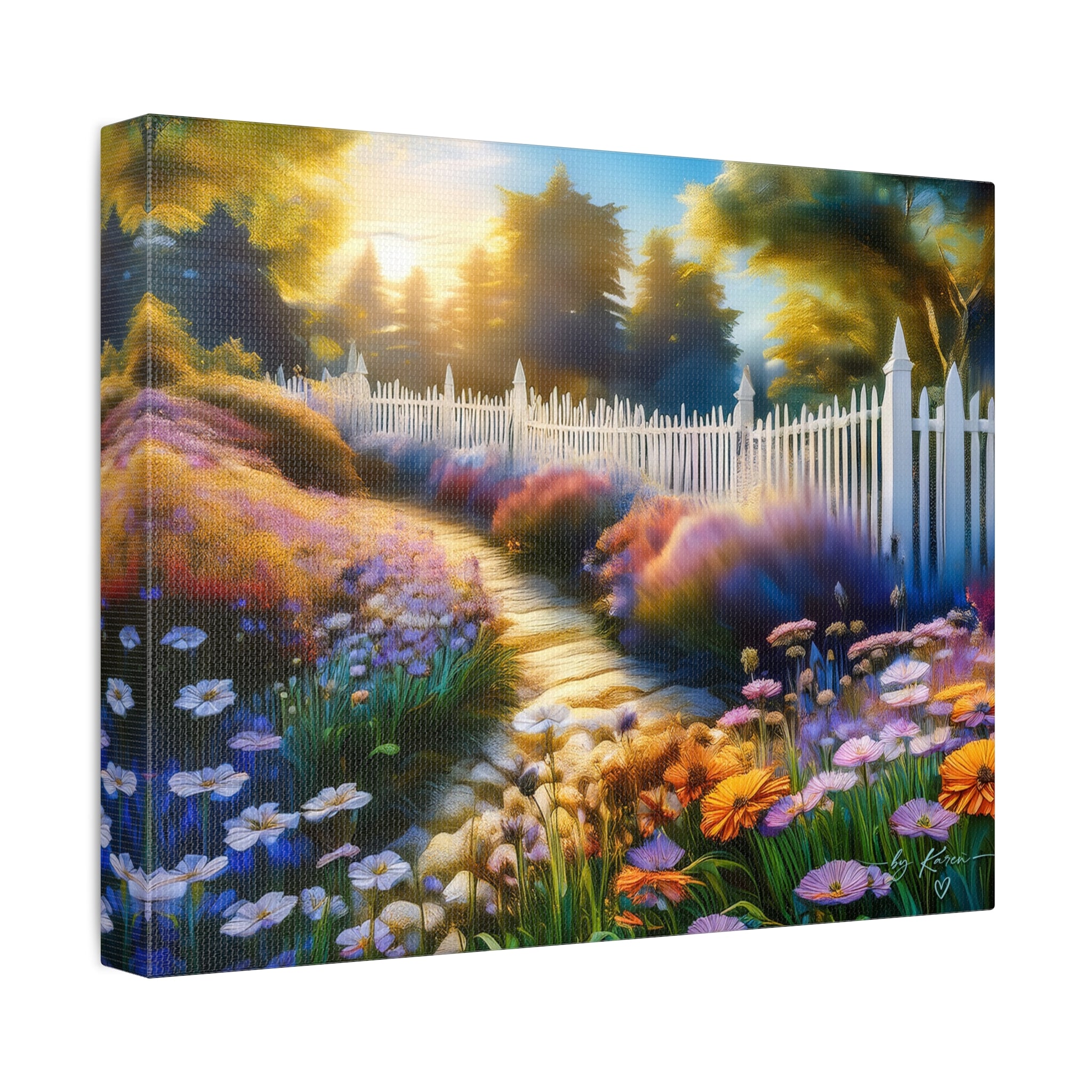 Sunlit Garden Path Stretched Canvas – Colorful Floral Landscape Wall Art