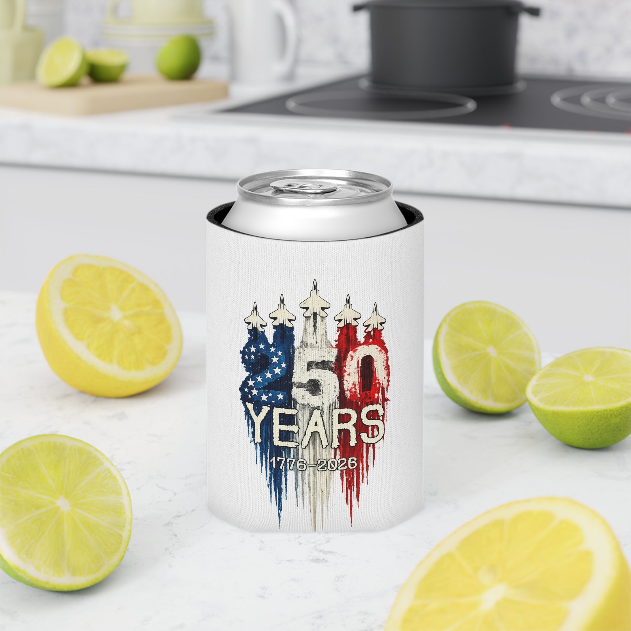 50 Years 1776–2026 Patriotic Can Cooler — American Flag Jet Anniversary
