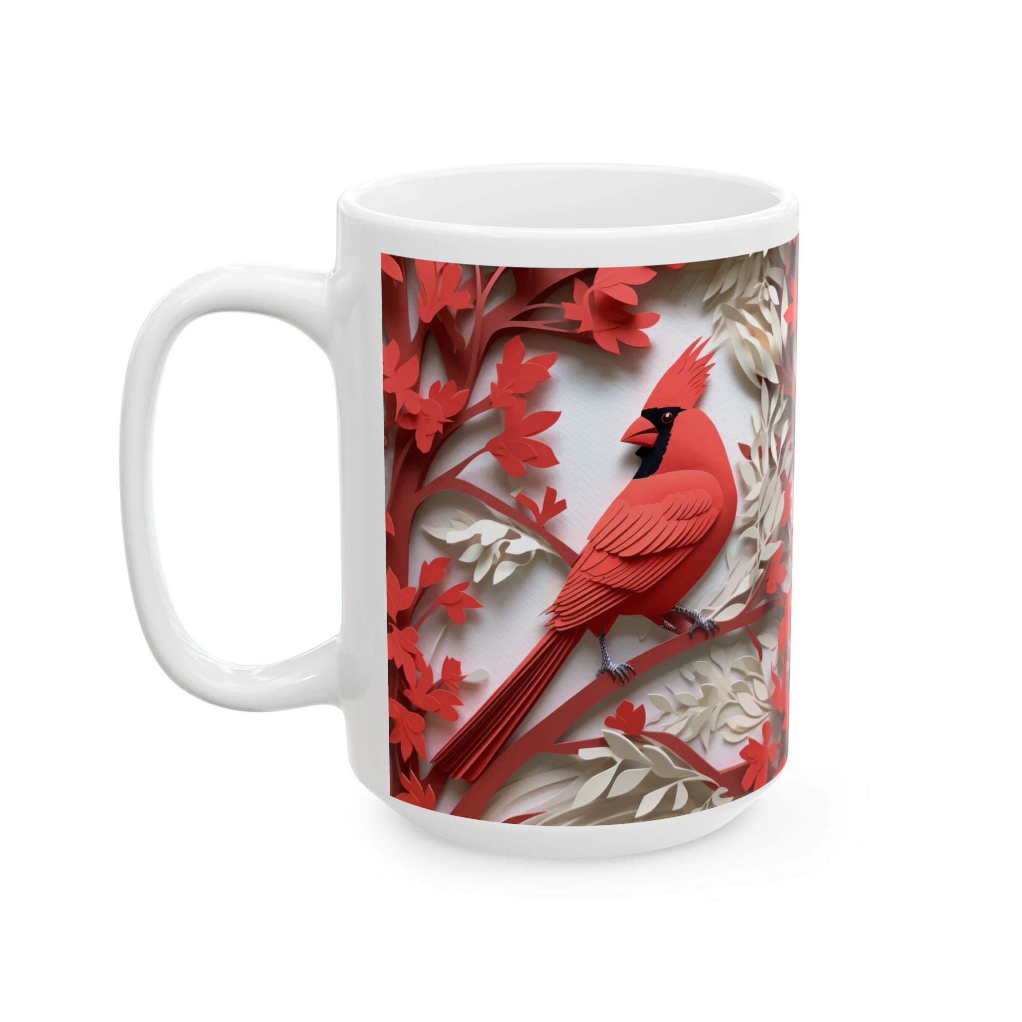 Red Paper-Cut Floral Ceramic Mug (11oz & 15oz) — Botanical Symmetry Coffee Cup