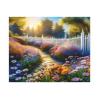 Sunlit Garden Path Stretched Canvas – Colorful Floral Landscape Wall Art