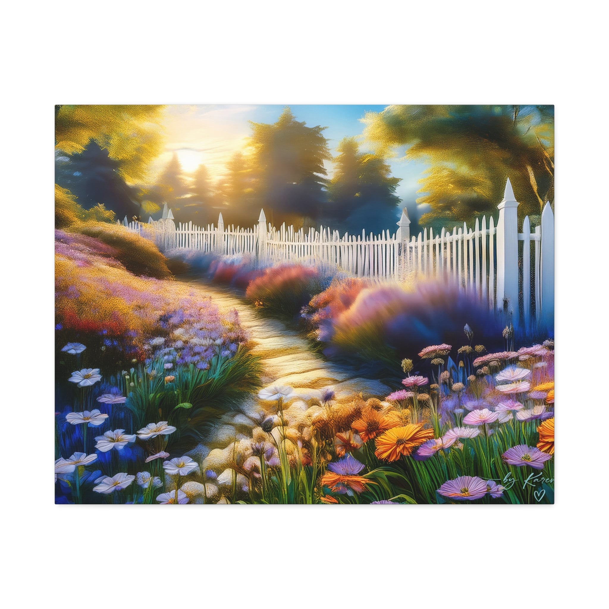 Sunlit Garden Path Stretched Canvas – Colorful Floral Landscape Wall Art