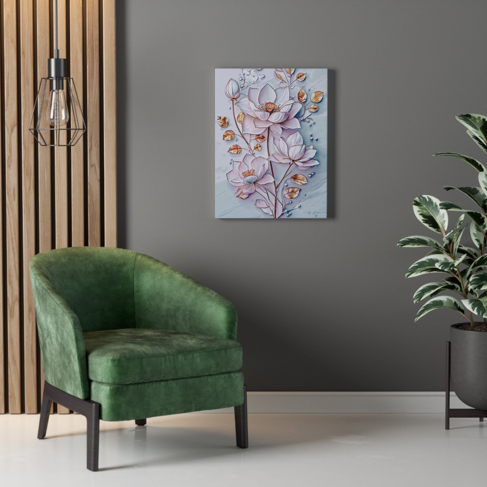Floral Lotus Stretched Canvas Wall Art — Pastel Bloom Decorative Canvas