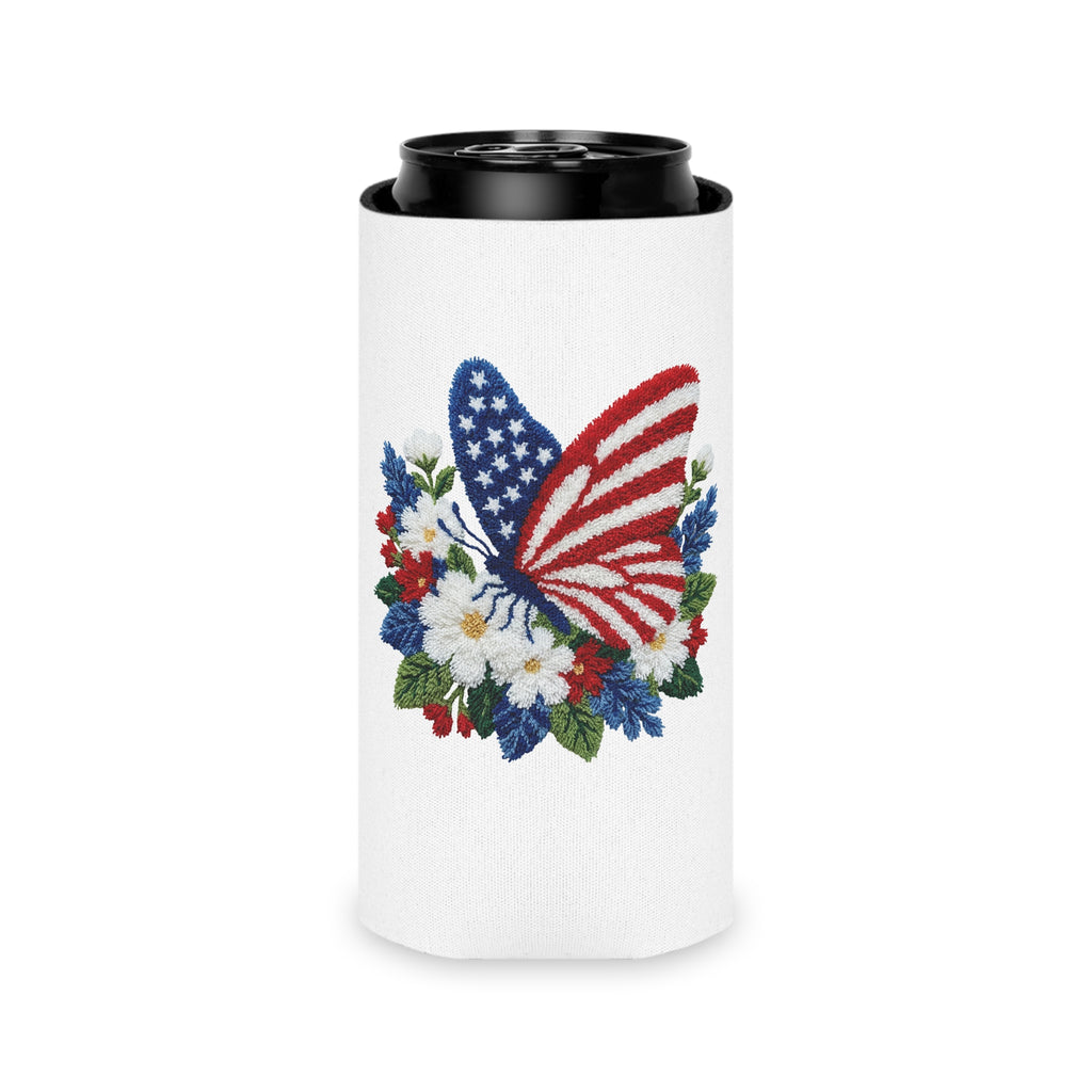Patriotic Floral Butterfly Can Cooler for Fourth of July