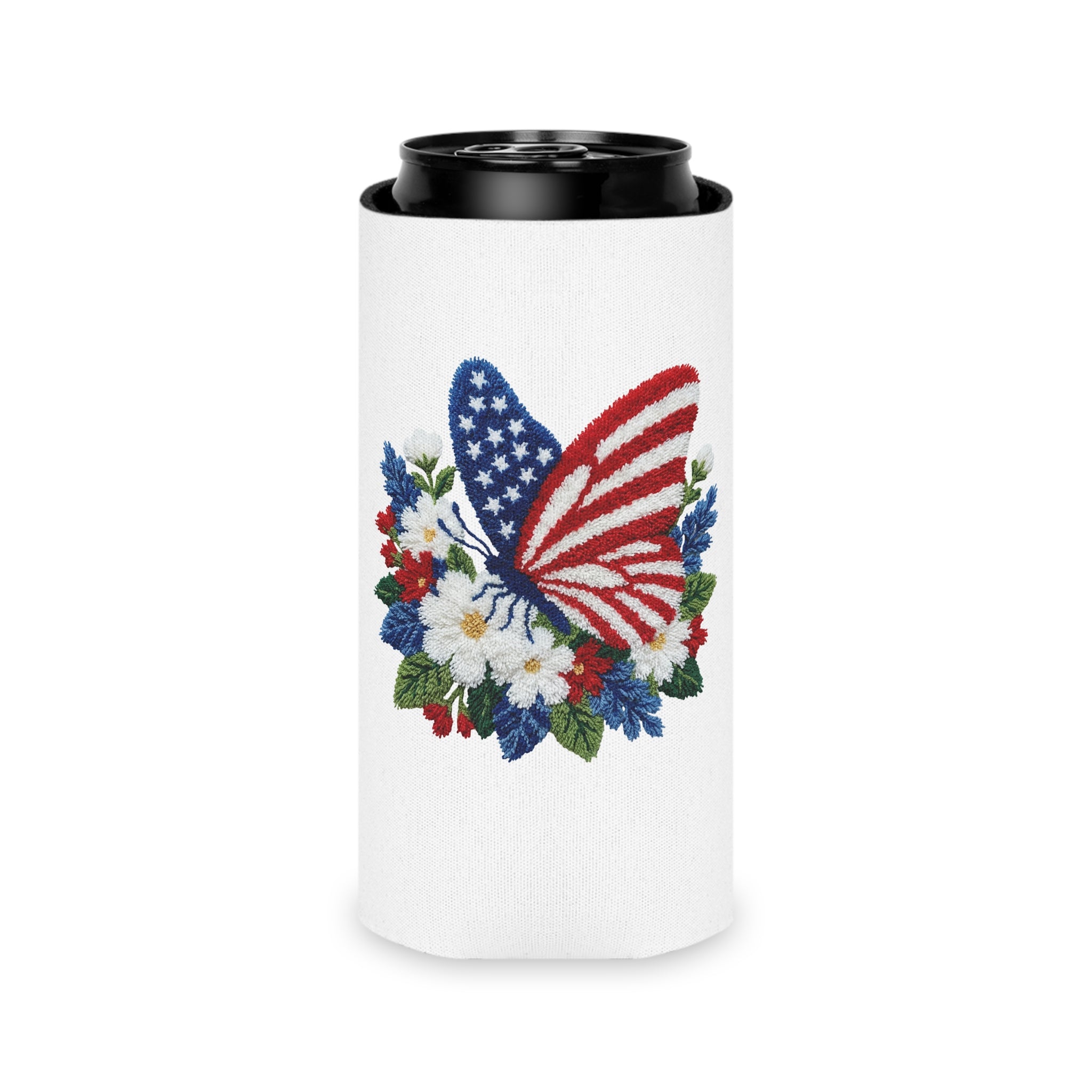 Patriotic Floral Butterfly Can Cooler for Fourth of July