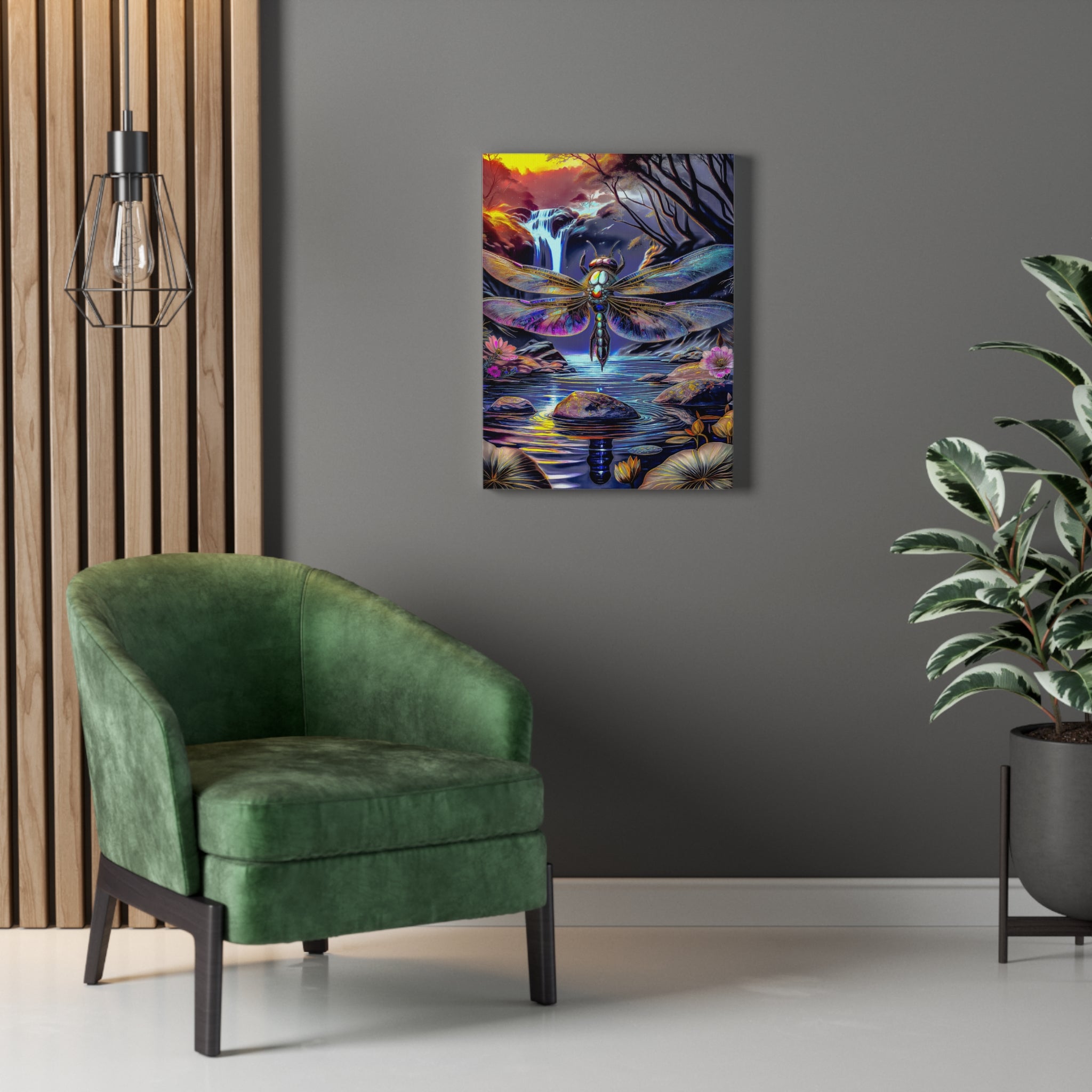 Dragonfly Fantasy Stretched Canvas Wall Art — Colorful Waterfall Nature Scene