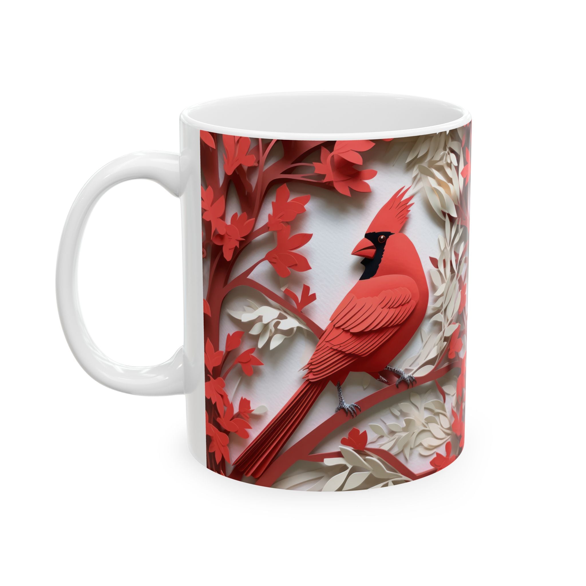 Red Paper-Cut Floral Ceramic Mug (11oz & 15oz) — Botanical Symmetry Coffee Cup