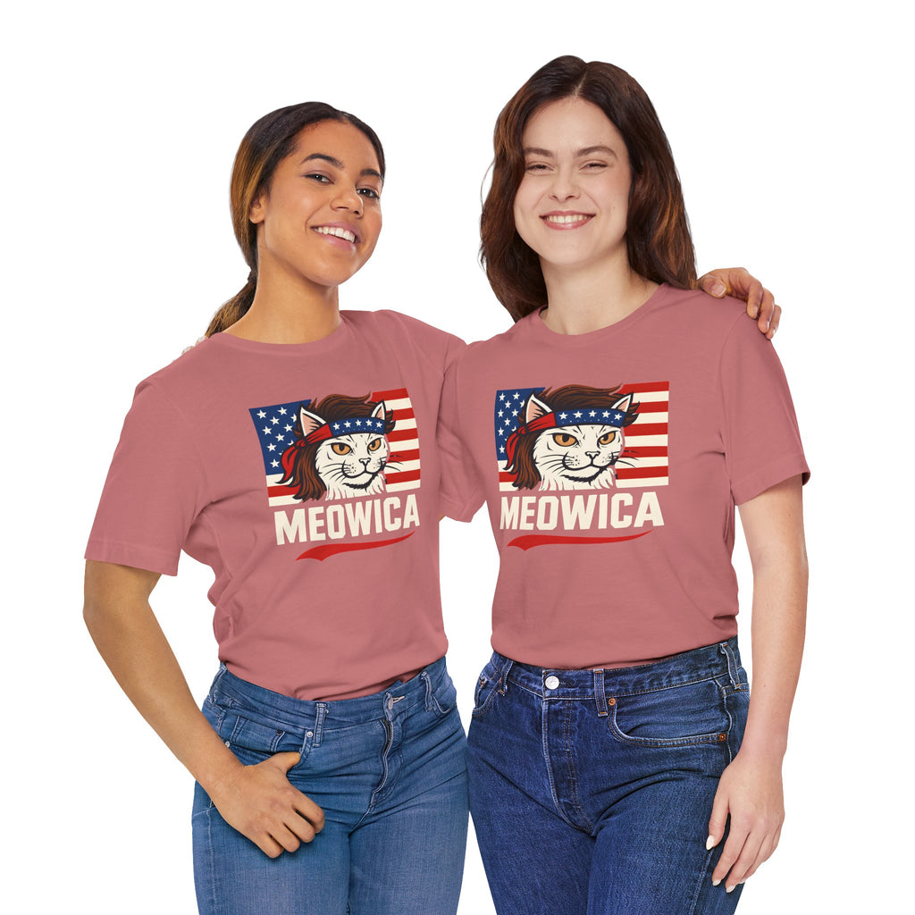 T-Shirt — "Meowica" Patriotic Cat Tee (American Flag, Funny 4th of July Shirt)