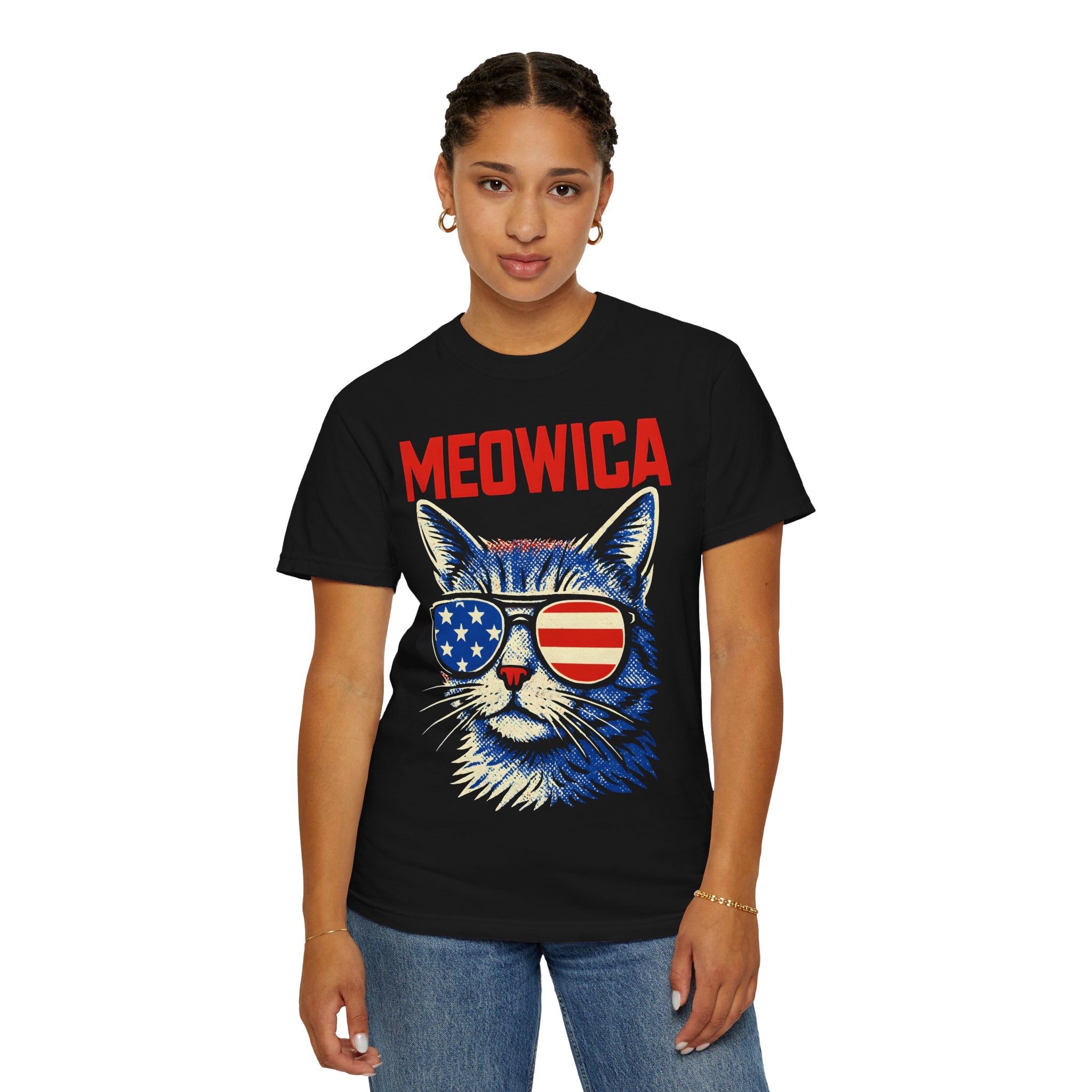 Meowica Cat T-Shirt — Patriotic American Flag Sunglasses Tee