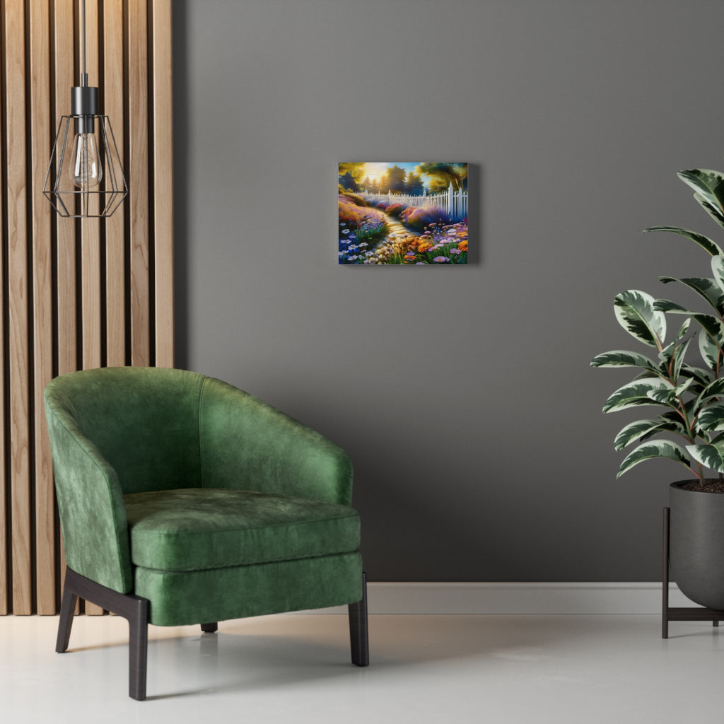 Sunlit Garden Path Stretched Canvas – Colorful Floral Landscape Wall Art