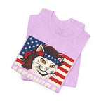 T-Shirt — "Meowica" Patriotic Cat Tee (American Flag, Funny 4th of July Shirt)